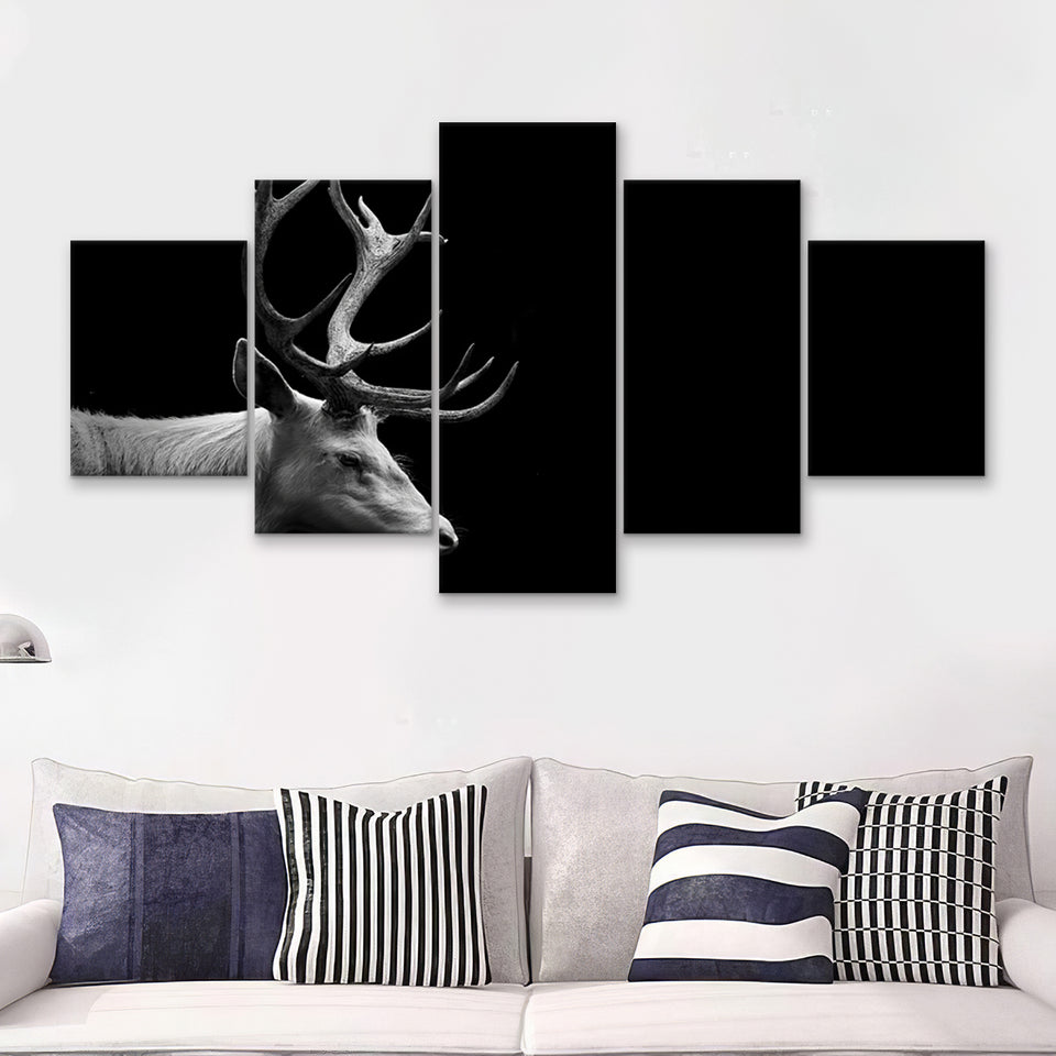 Beautifull Deer Head Black And White Hunting Decor 5 Pieces Canvas Prints Wall Art - Painting Canvas,Multi Panel,5 Panels