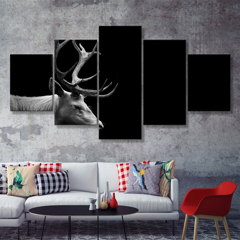 Beautifull Deer Head Black And White Hunting Decor 5 Pieces Canvas Prints Wall Art - Painting Canvas,Multi Panel,5 Panels