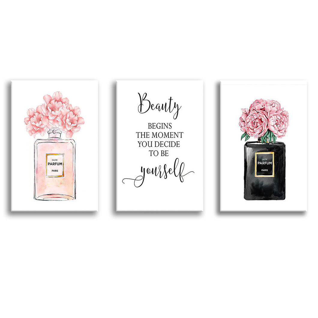 Three Perfume Bottles In Pink Canvas - Canvas Print