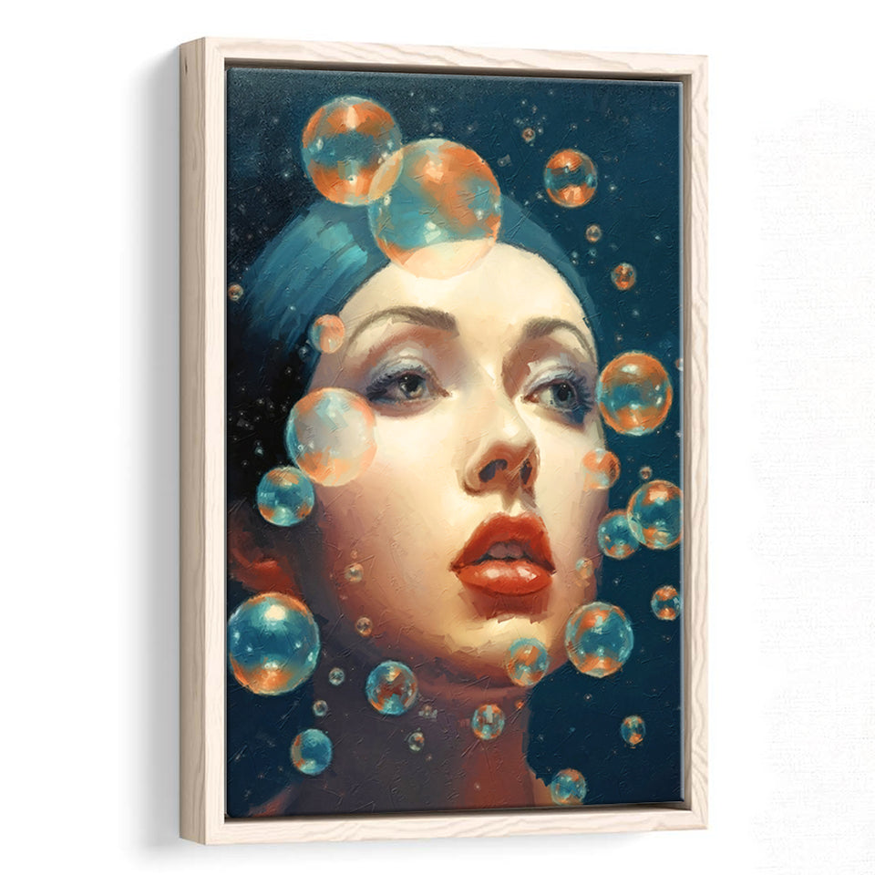 Beauty Face And Bubbles Framed Canvas Prints Wall Art, Floating Frame, Large Canvas Home Decor