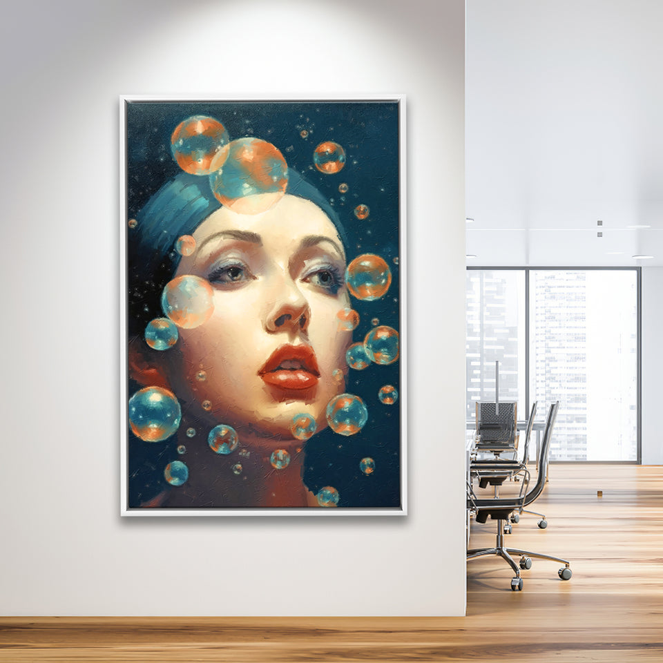 Beauty Face And Bubbles Framed Canvas Prints Wall Art, Floating Frame, Large Canvas Home Decor