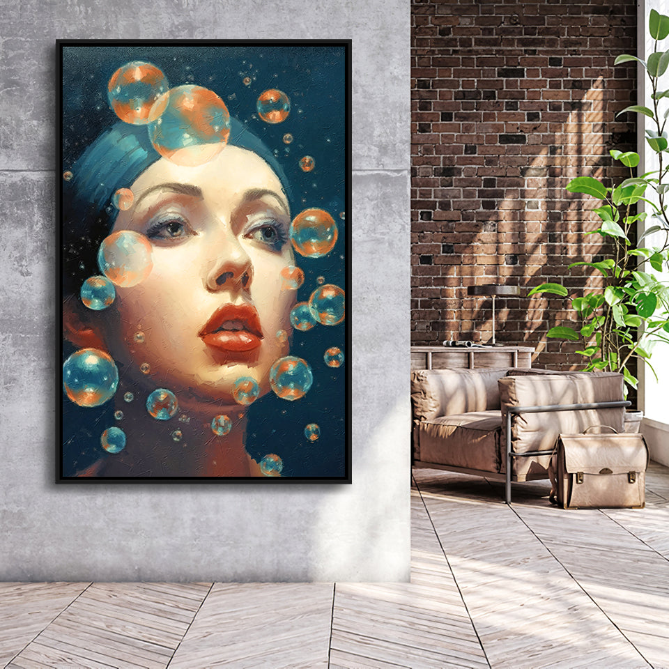 Beauty Face And Bubbles Framed Canvas Prints Wall Art, Floating Frame, Large Canvas Home Decor