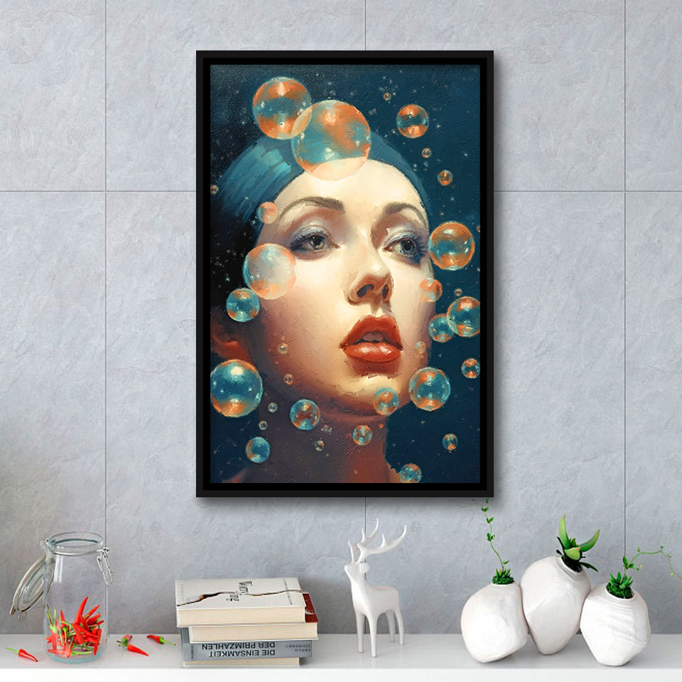 Beauty Face And Bubbles Framed Canvas Prints Wall Art, Floating Frame, Large Canvas Home Decor