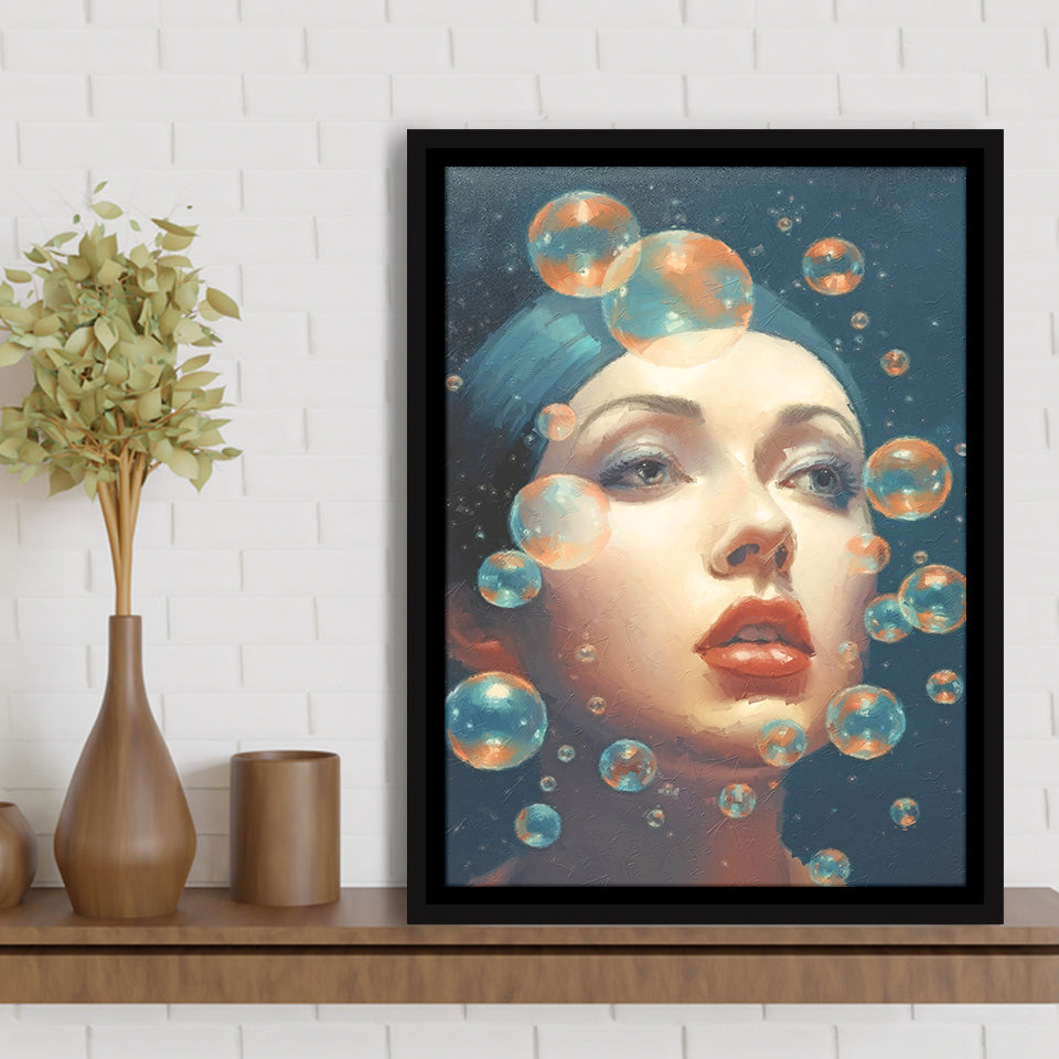 Beauty Face And Bubbles Framed Canvas Prints Wall Art, Floating Frame, Large Canvas Home Decor