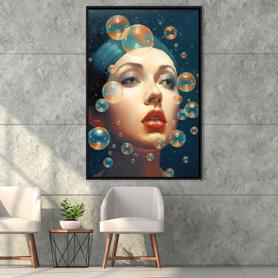 Beauty Face And Bubbles Framed Canvas Prints Wall Art, Floating Frame, Large Canvas Home Decor