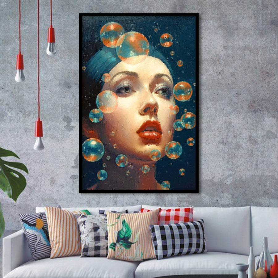 Beauty Face And Bubbles Framed Art Prints Wall Decor, Framed Picture, Large Picture