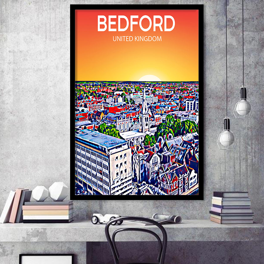 Bedford UK Art Sunset Art Print, City Art Print, Framed Art Print Wall Art Home Decor, Framed Picture