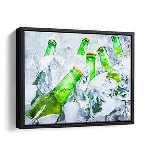 Beer In Bottles On Ice Framed Canvas Wall Art - Framed Prints, Canvas Prints, Prints for Sale, Canvas Painting