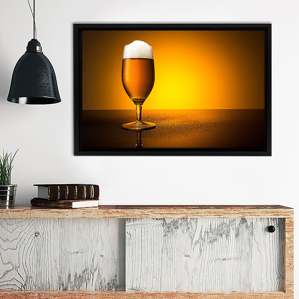Beer In Glass With Yellow Background Framed Canvas Wall Art - Framed Prints, Canvas Prints, Prints for Sale, Canvas Painting