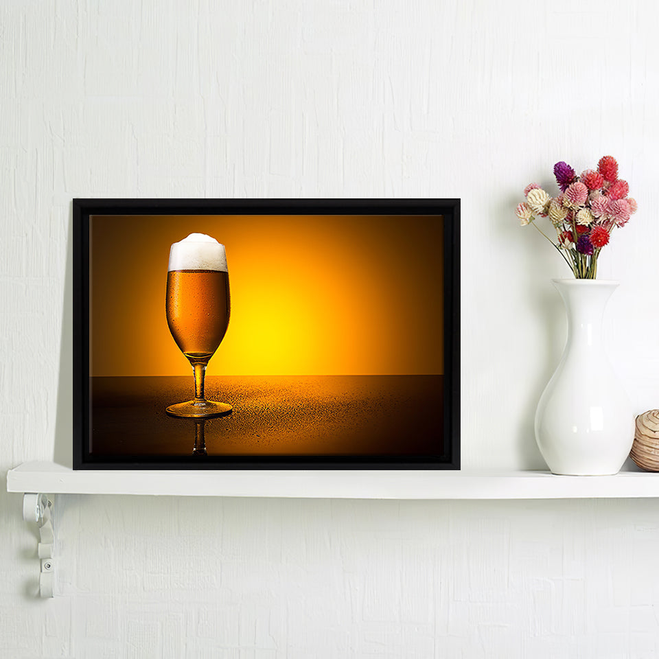 Beer In Glass With Yellow Background Framed Canvas Wall Art - Framed Prints, Canvas Prints, Prints for Sale, Canvas Painting