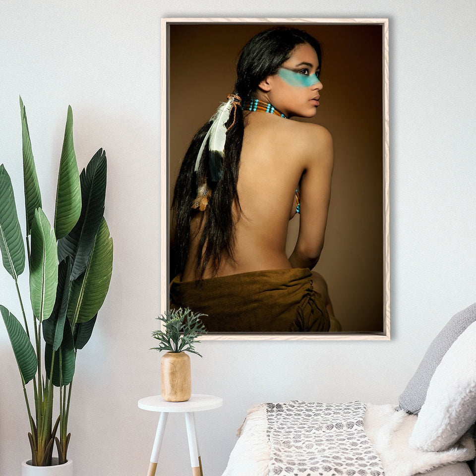 Behide Native American Woman Art Framed Canvas Prints Wall Art, Floating Frame, Large Canvas Home Decor