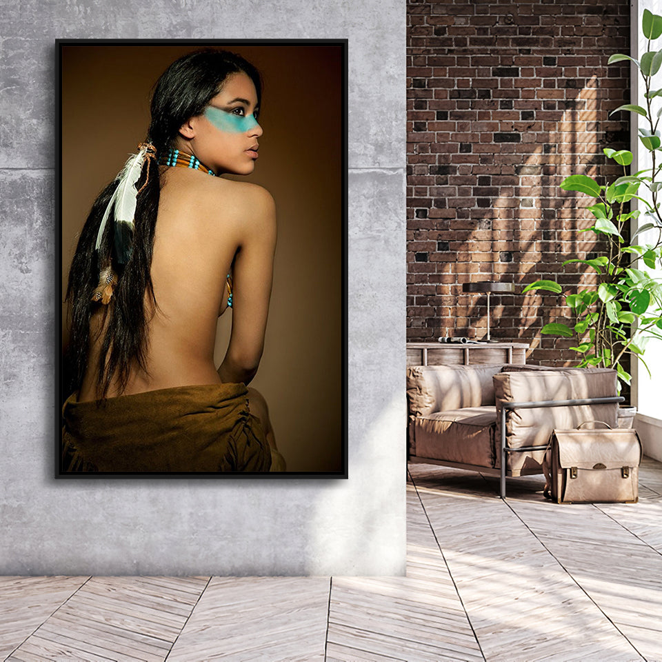 Behide Native American Woman Art Framed Canvas Prints Wall Art, Floating Frame, Large Canvas Home Decor
