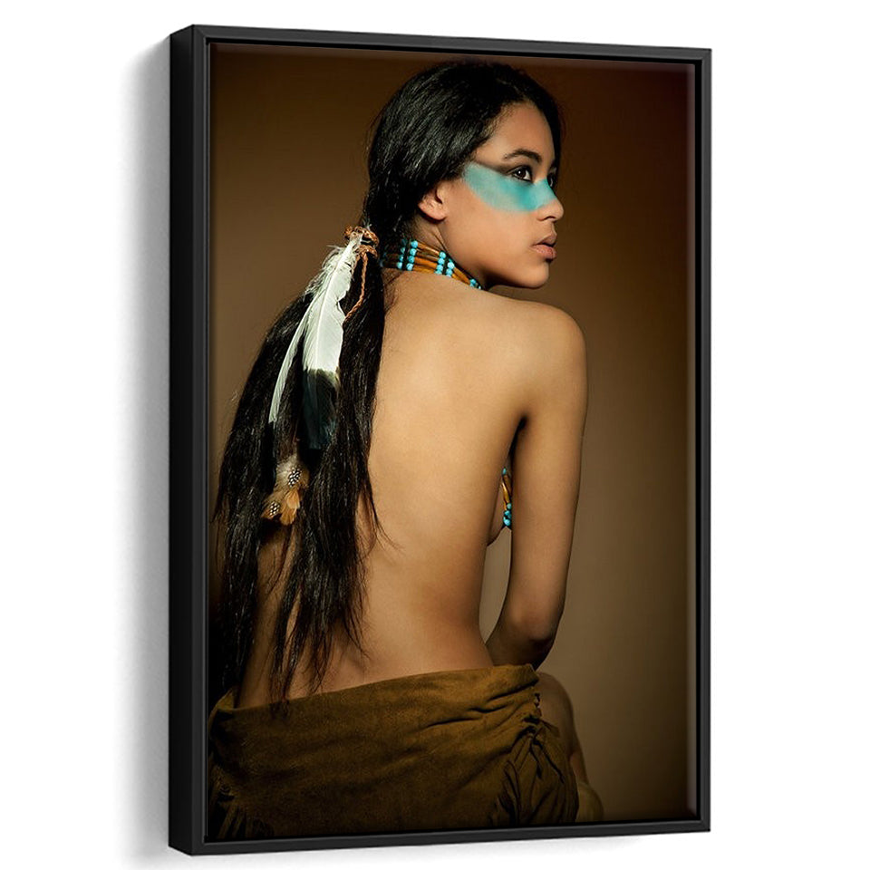Behide Native American Woman Art Framed Canvas Prints Wall Art, Floating Frame, Large Canvas Home Decor