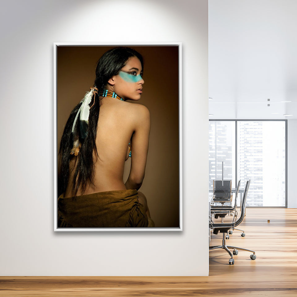 Behide Native American Woman Art Framed Canvas Prints Wall Art, Floating Frame, Large Canvas Home Decor