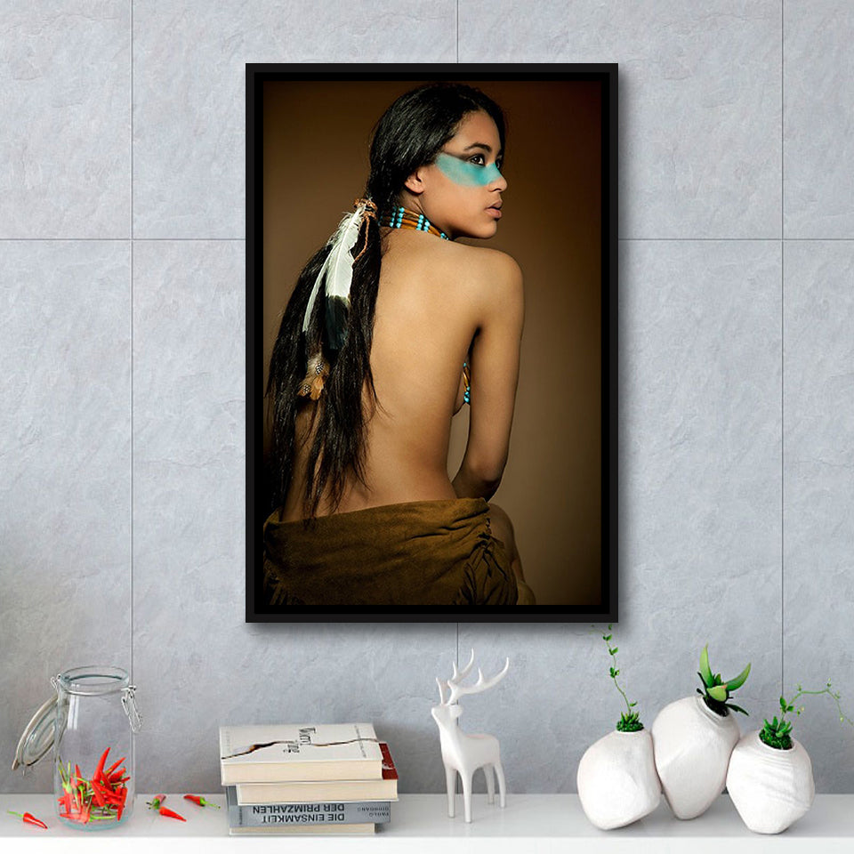 Behide Native American Woman Art Framed Canvas Prints Wall Art, Floating Frame, Large Canvas Home Decor