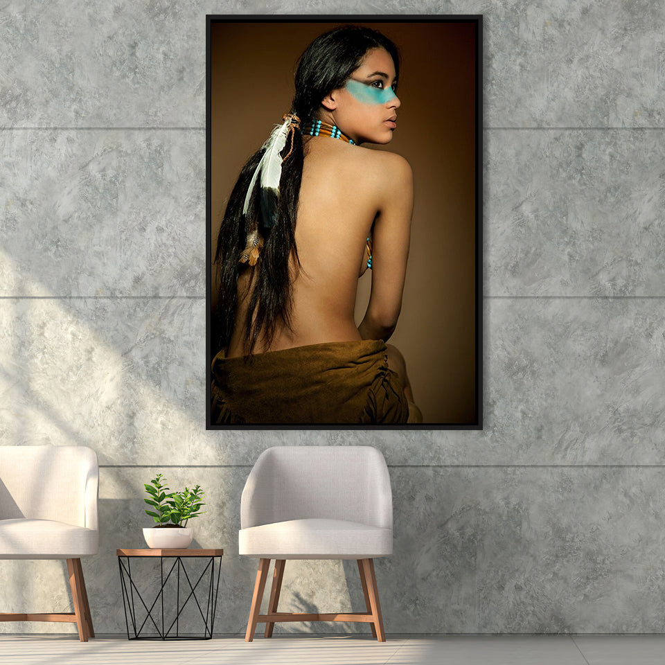 Behide Native American Woman Art Framed Canvas Prints Wall Art, Floating Frame, Large Canvas Home Decor