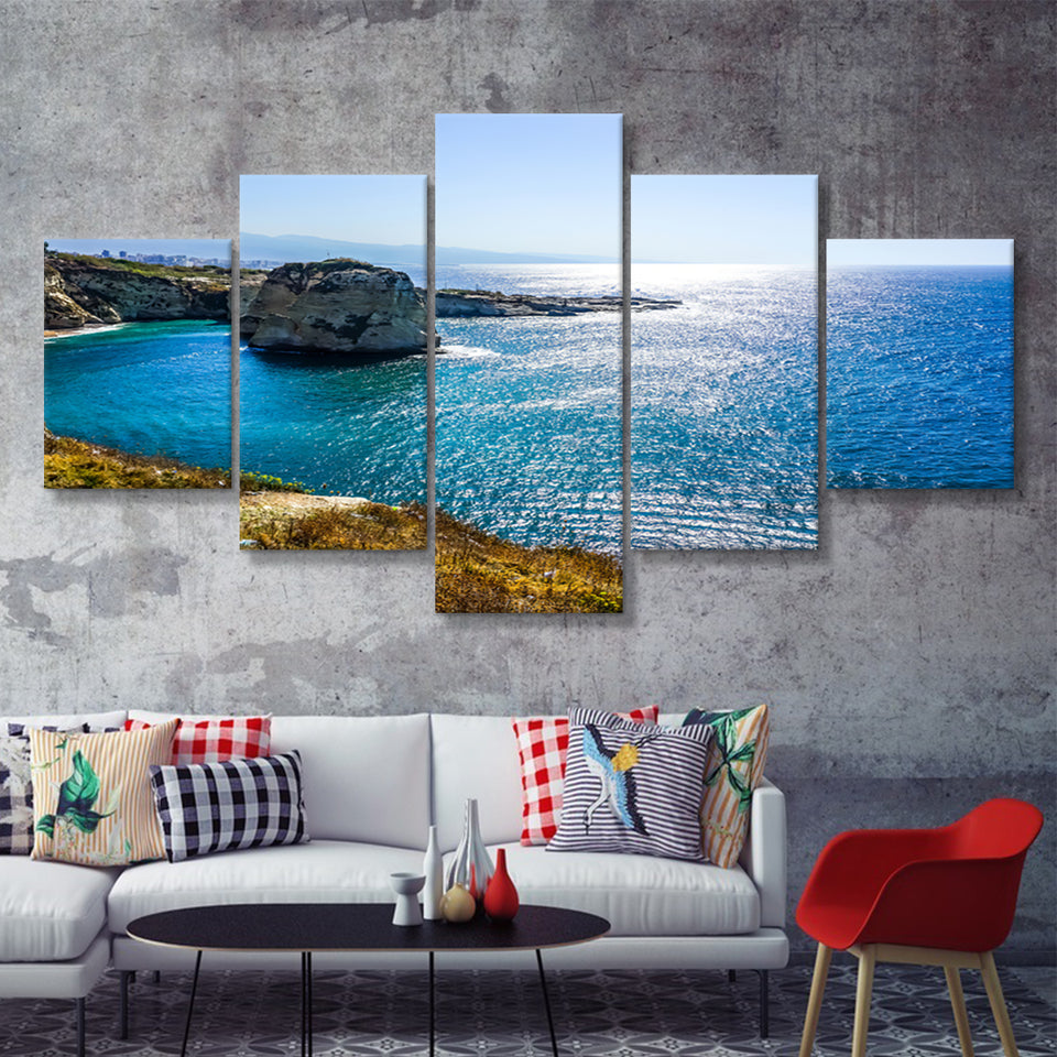 Beirut Raouche Pigeons Rock with Picturesque Sea View 5 Pieces Canvas Prints Wall Art - Painting Canvas, Multi Panels, Wall Decor