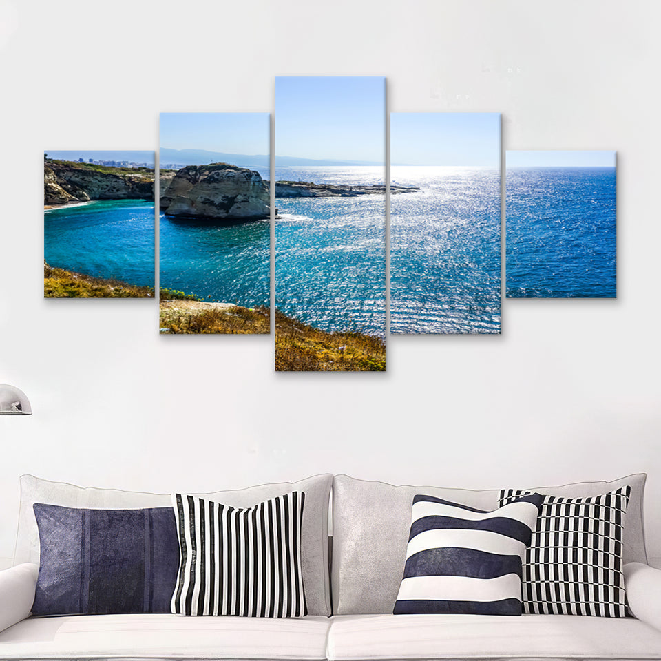 Beirut Raouche Pigeons Rock with Picturesque Sea View 5 Pieces Canvas Prints Wall Art - Painting Canvas, Multi Panels, Wall Decor