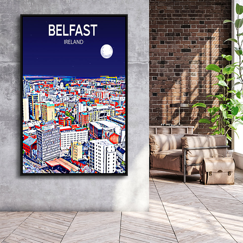 Belfast Ireland Art Night Art Print, Large Canvas, Framed Canvas Print Wall Art Home Decor, Floating Frame
