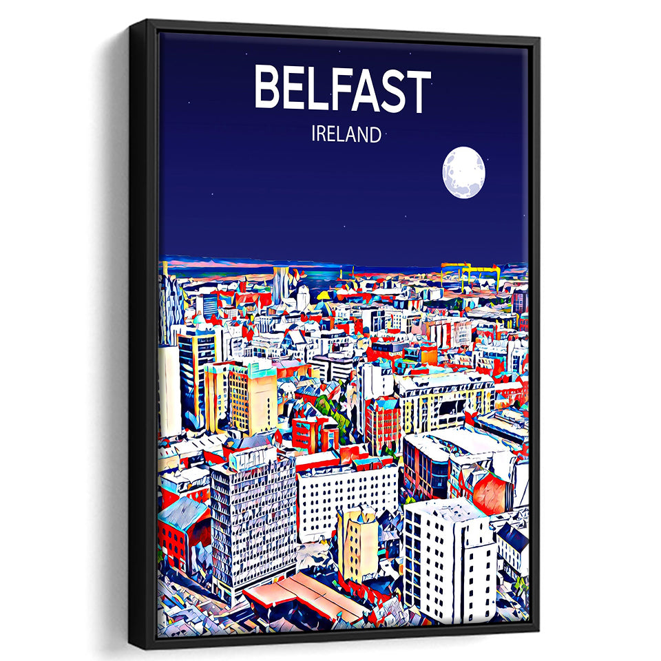 Belfast Ireland Art Night Art Print, Large Canvas, Framed Canvas Print Wall Art Home Decor, Floating Frame