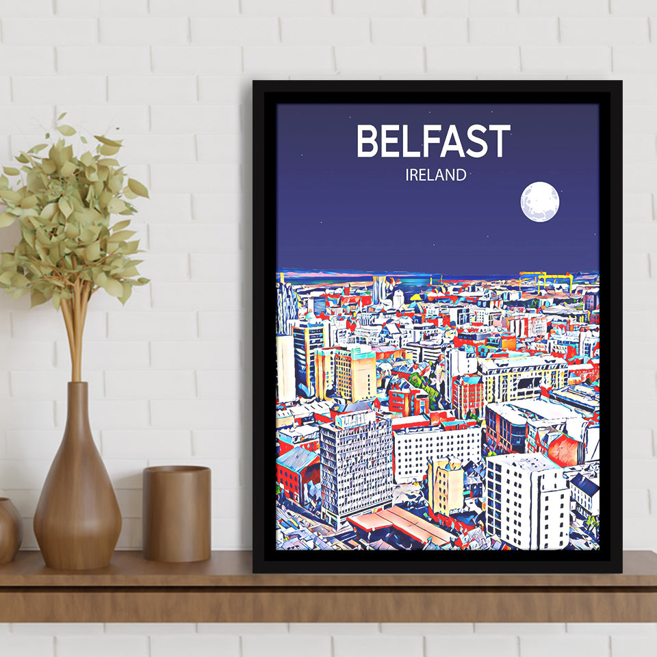 Belfast Ireland Art Night Art Print, Large Canvas, Framed Canvas Print Wall Art Home Decor, Floating Frame