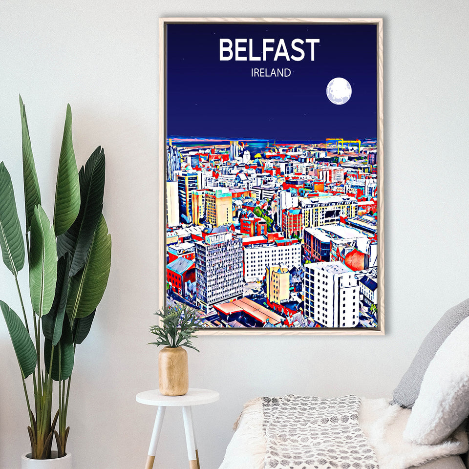Belfast Ireland Art Night Art Print, Large Canvas, Framed Canvas Print Wall Art Home Decor, Floating Frame