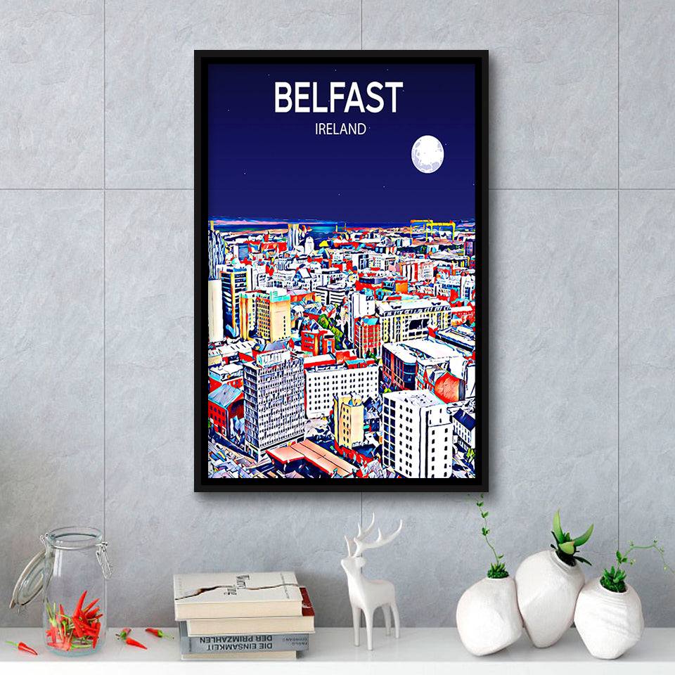 Belfast Ireland Art Night Art Print, Large Canvas, Framed Canvas Print Wall Art Home Decor, Floating Frame