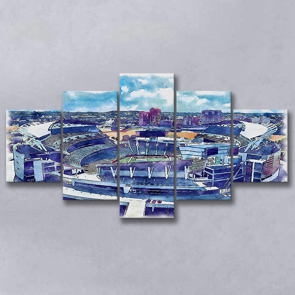 Bengals Football Stadium Paul Brown Stadium Watercolor, 5 Pieces, Multi Panel Canvas Prints Wall Art Decor