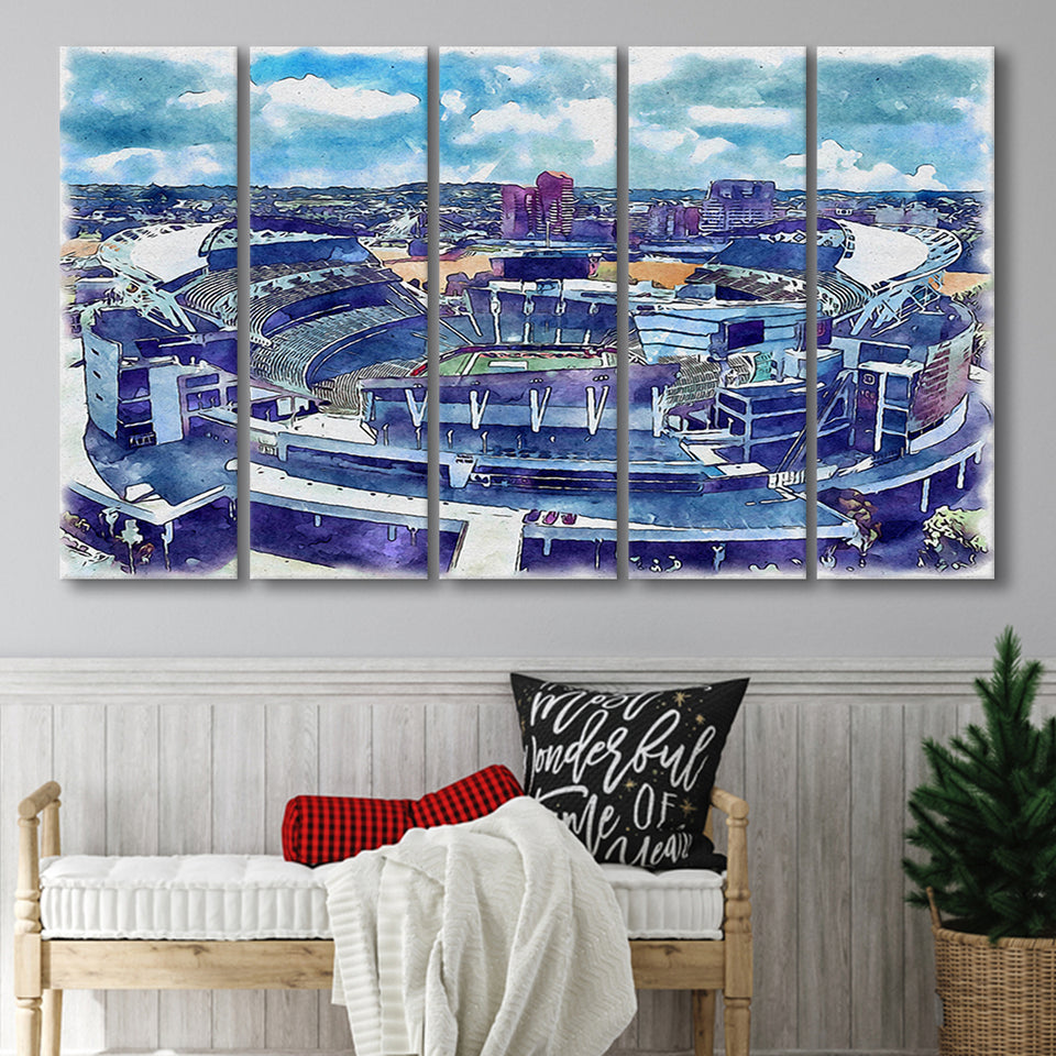 Bengals Football Stadium Paul Brown Stadium Watercolor, 5 Pieces B, Multi Panel Canvas Prints Wall Art Decor