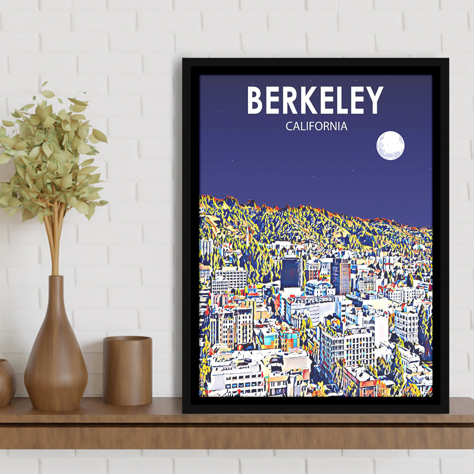 Berkeley California Art Night Landscape Print, Large Canvas, Framed Canvas Print Wall Art Home Decor, Floating Frame