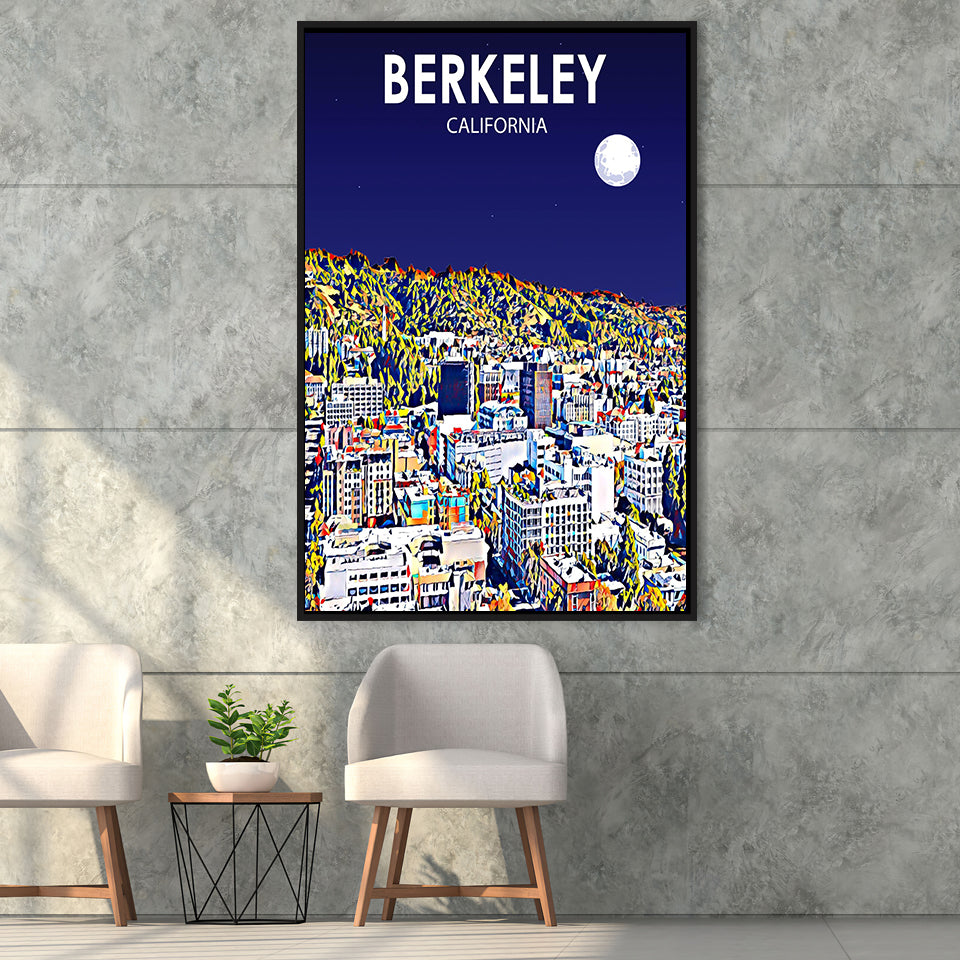Berkeley California Art Night Landscape Print, Large Canvas, Framed Canvas Print Wall Art Home Decor, Floating Frame