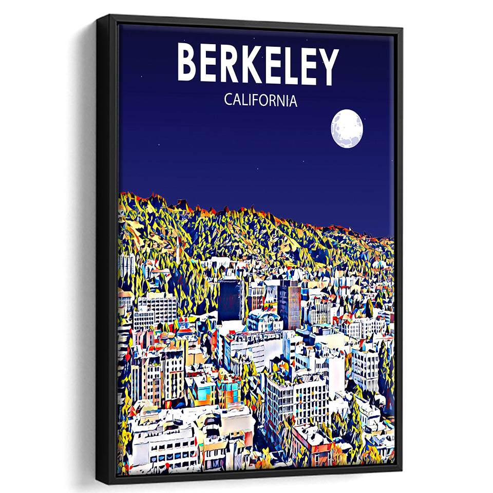 Berkeley California Art Night Landscape Print, Large Canvas, Framed Canvas Print Wall Art Home Decor, Floating Frame