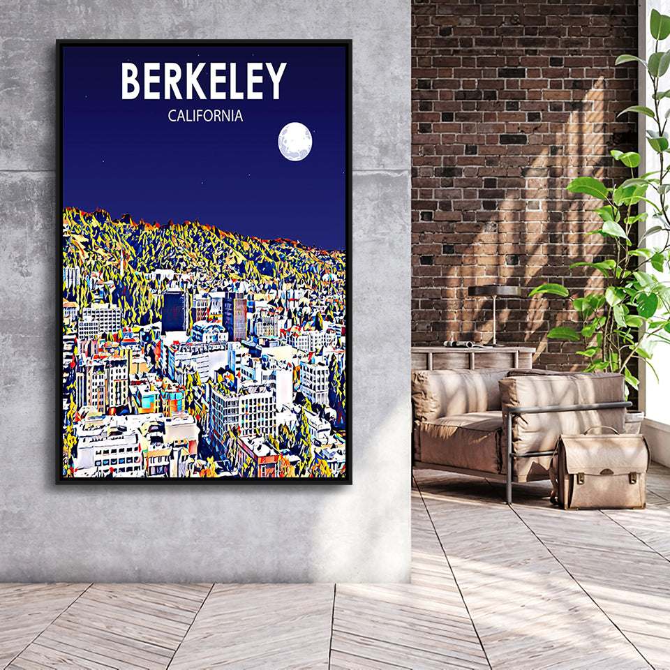 Berkeley California Art Night Landscape Print, Large Canvas, Framed Canvas Print Wall Art Home Decor, Floating Frame