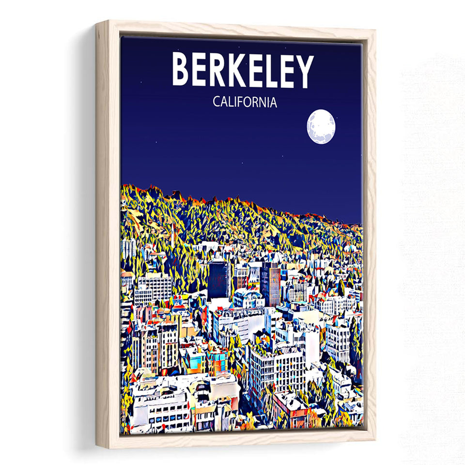 Berkeley California Art Night Landscape Print, Large Canvas, Framed Canvas Print Wall Art Home Decor, Floating Frame