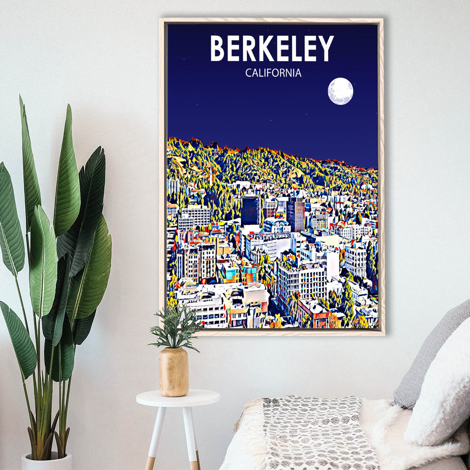 Berkeley California Art Night Landscape Print, Large Canvas, Framed Canvas Print Wall Art Home Decor, Floating Frame