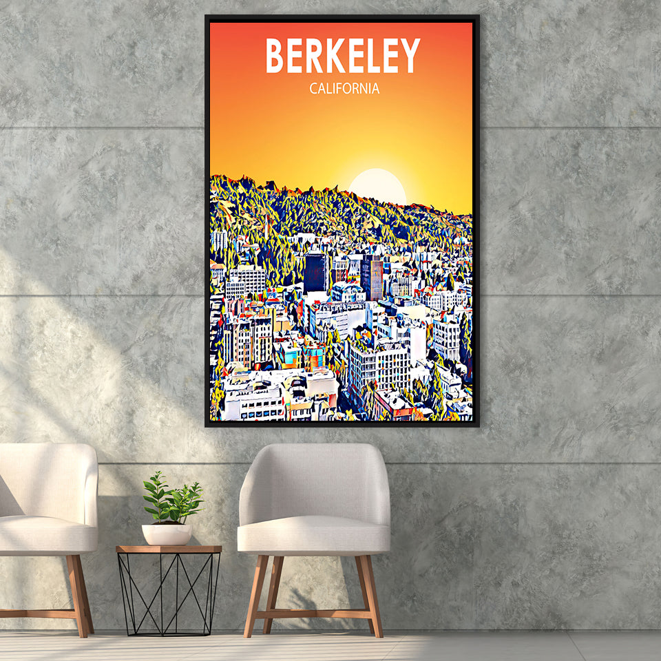 Berkeley California Art Sunset Landscape Print, Large Canvas, Framed Canvas Print Wall Art Home Decor, Floating Frame