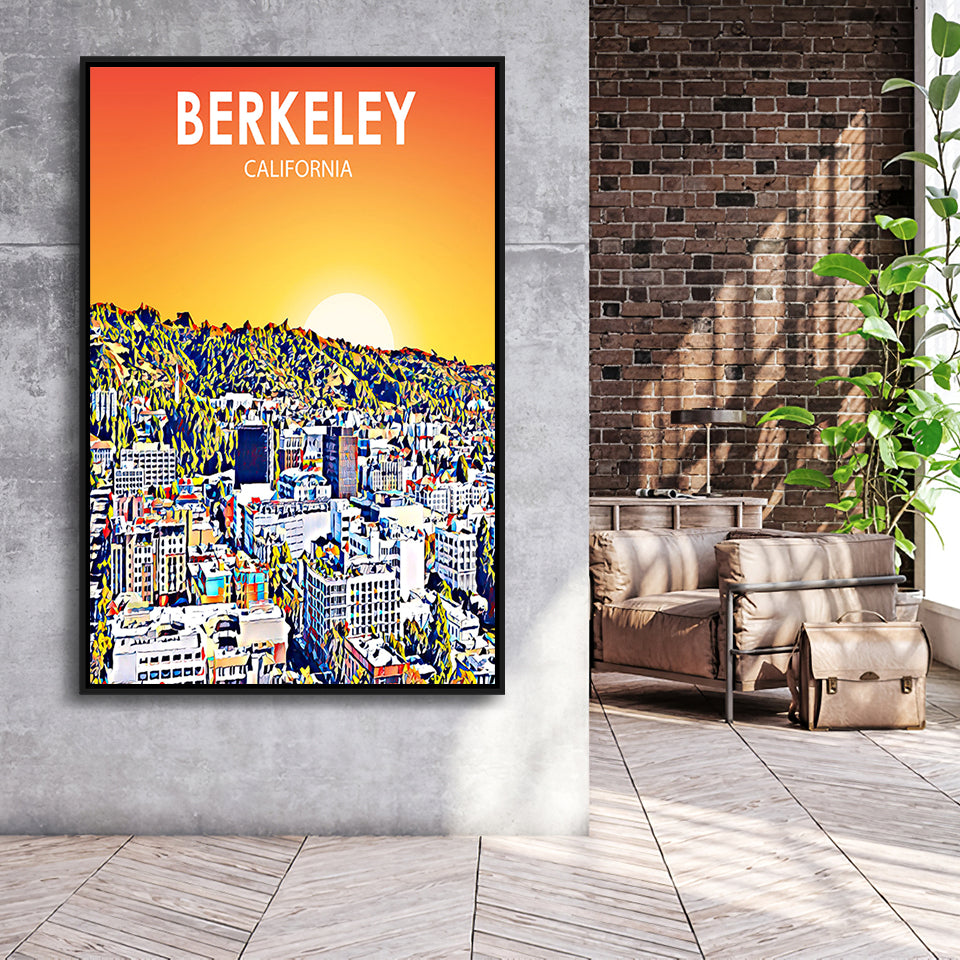 Berkeley California Art Sunset Landscape Print, Large Canvas, Framed Canvas Print Wall Art Home Decor, Floating Frame