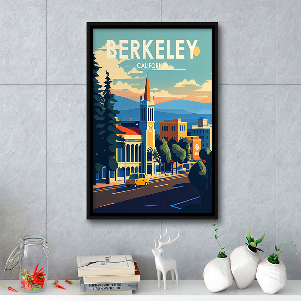 Berkeley California Retro Art Print, Large Canvas, Framed Canvas Print Wall Art Home Decor, Floating Frame