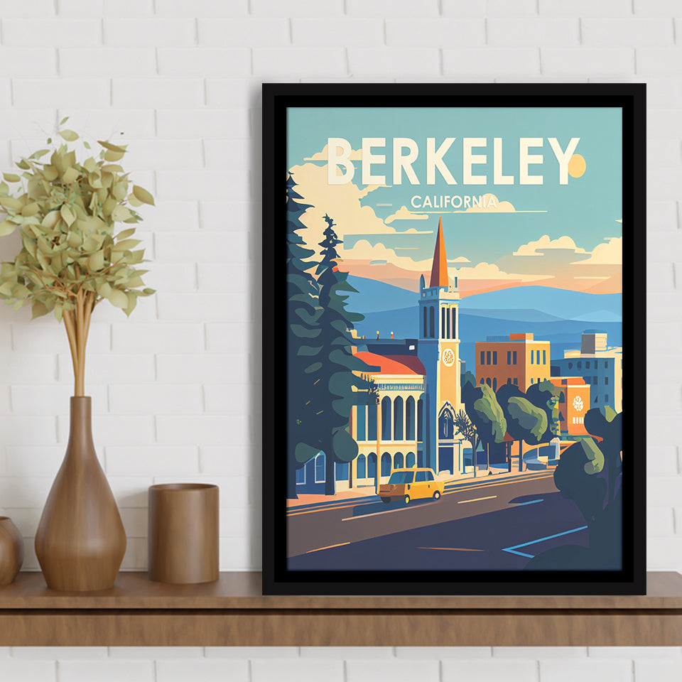 Berkeley California Retro Art Print, Large Canvas, Framed Canvas Print Wall Art Home Decor, Floating Frame