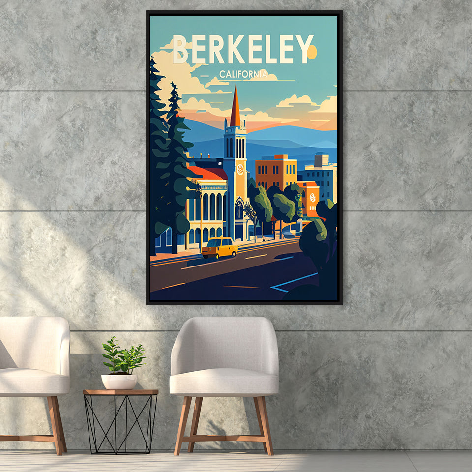 Berkeley California Retro Art Print, Large Canvas, Framed Canvas Print Wall Art Home Decor, Floating Frame