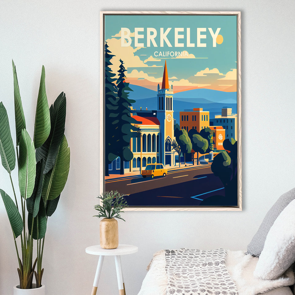 Berkeley California Retro Art Print, Large Canvas, Framed Canvas Print Wall Art Home Decor, Floating Frame