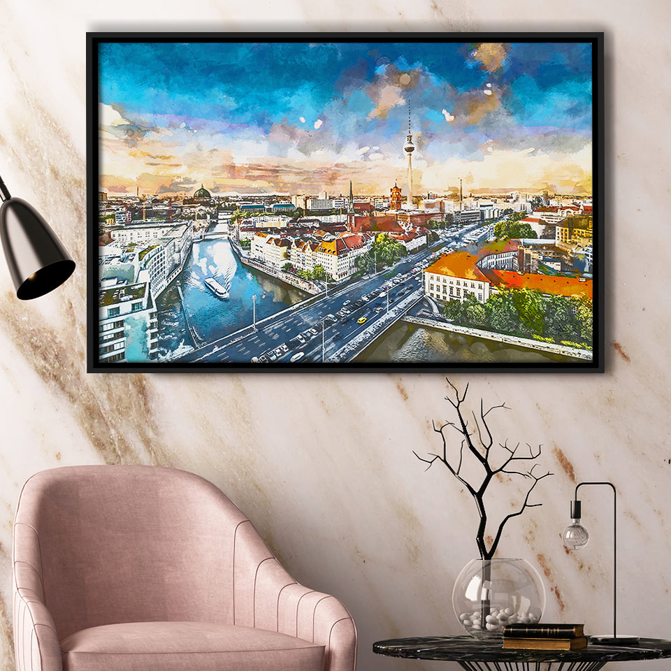 Berlin Germany Viewed Above Spree River City Art Watercolor Framed Canvas Prints Wall Art Home Decor,Floating Frame