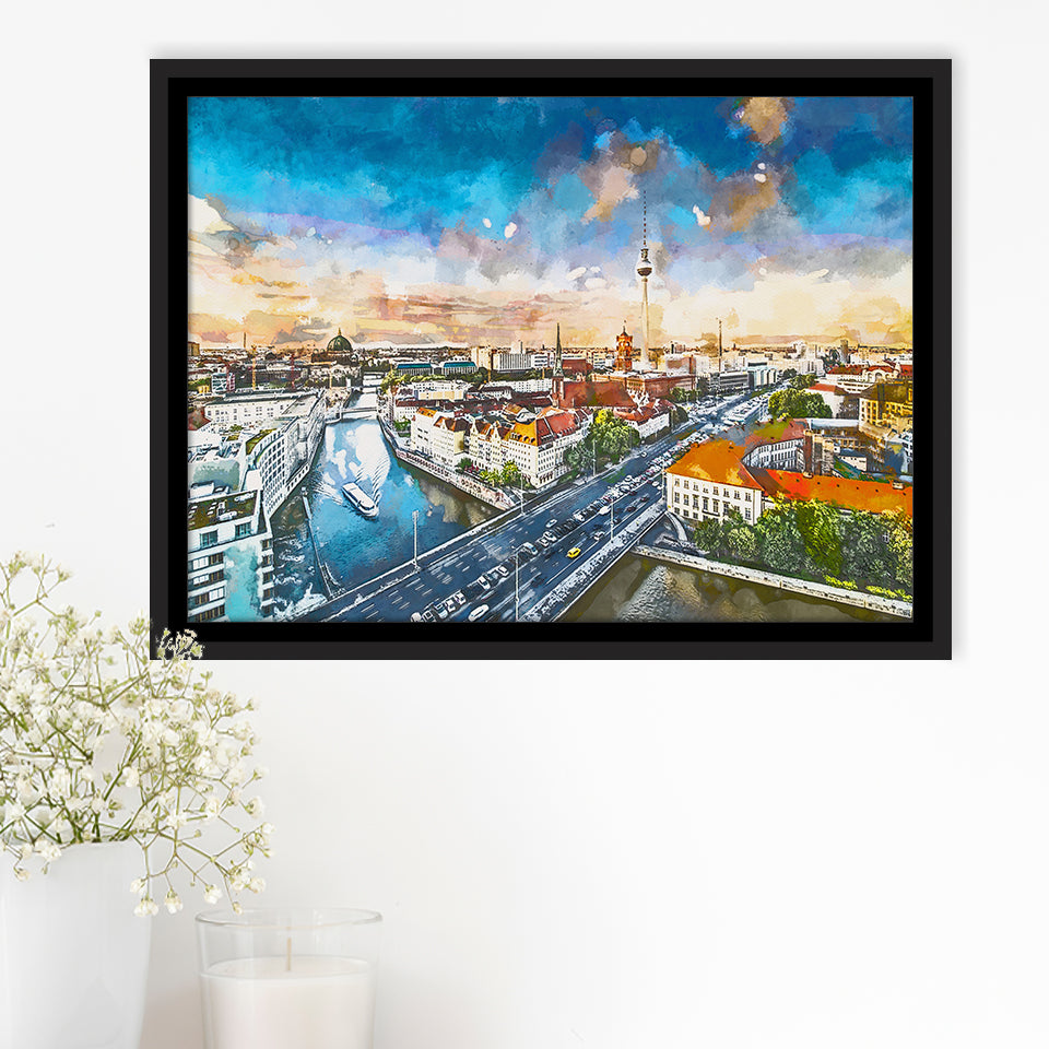Berlin Germany Viewed Above Spree River City Art Watercolor Framed Canvas Prints Wall Art Home Decor,Floating Frame