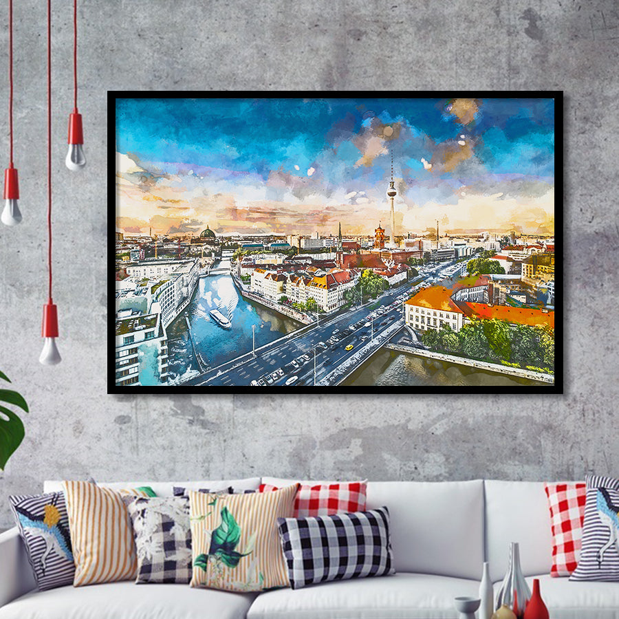 Berlin Germany Viewed Above Spree River City Art Watercolor Framed Art Prints Wall Art Decor,Framed Picture