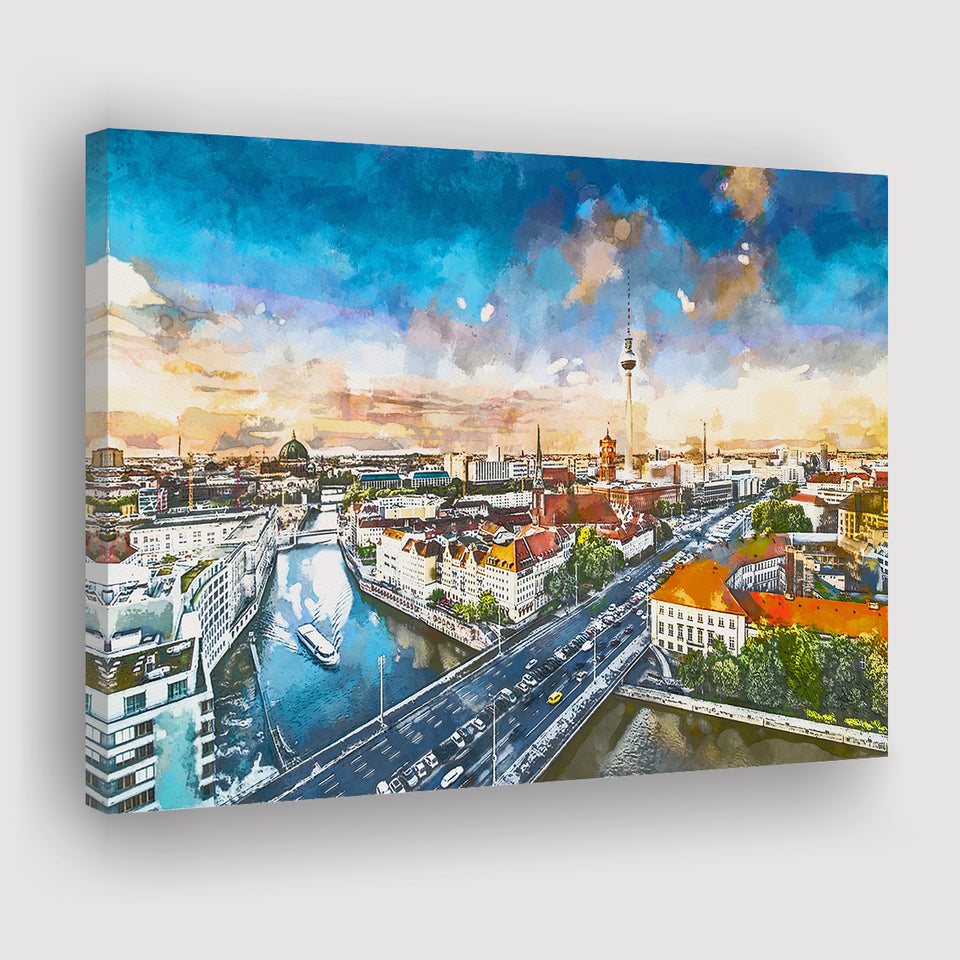 Berlin Germany Viewed Above Spree River City Art Watercolor Canvas Prints Wall Art Home Decor, Large Canvas