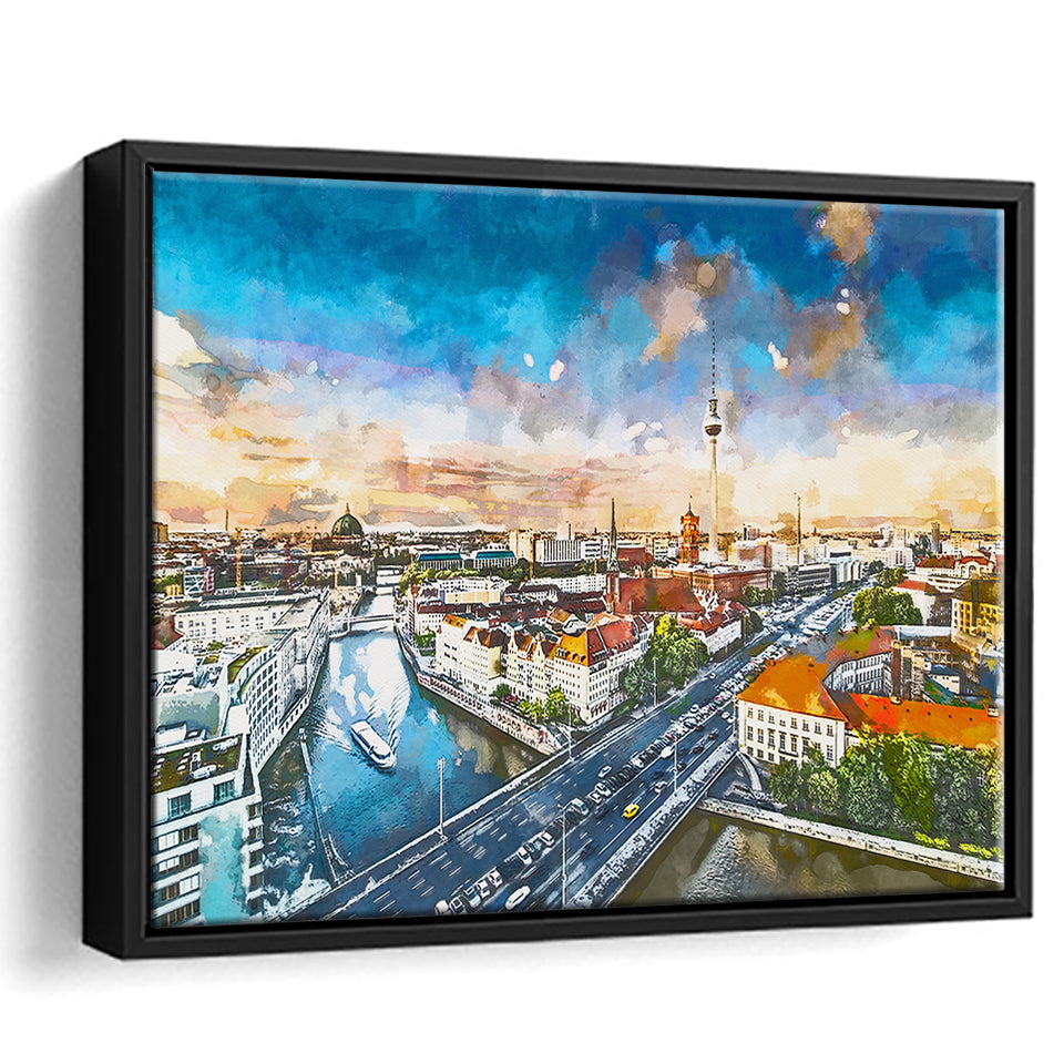 Berlin Germany Viewed Above Spree River City Art Watercolor Framed Canvas Prints Wall Art Home Decor,Floating Frame
