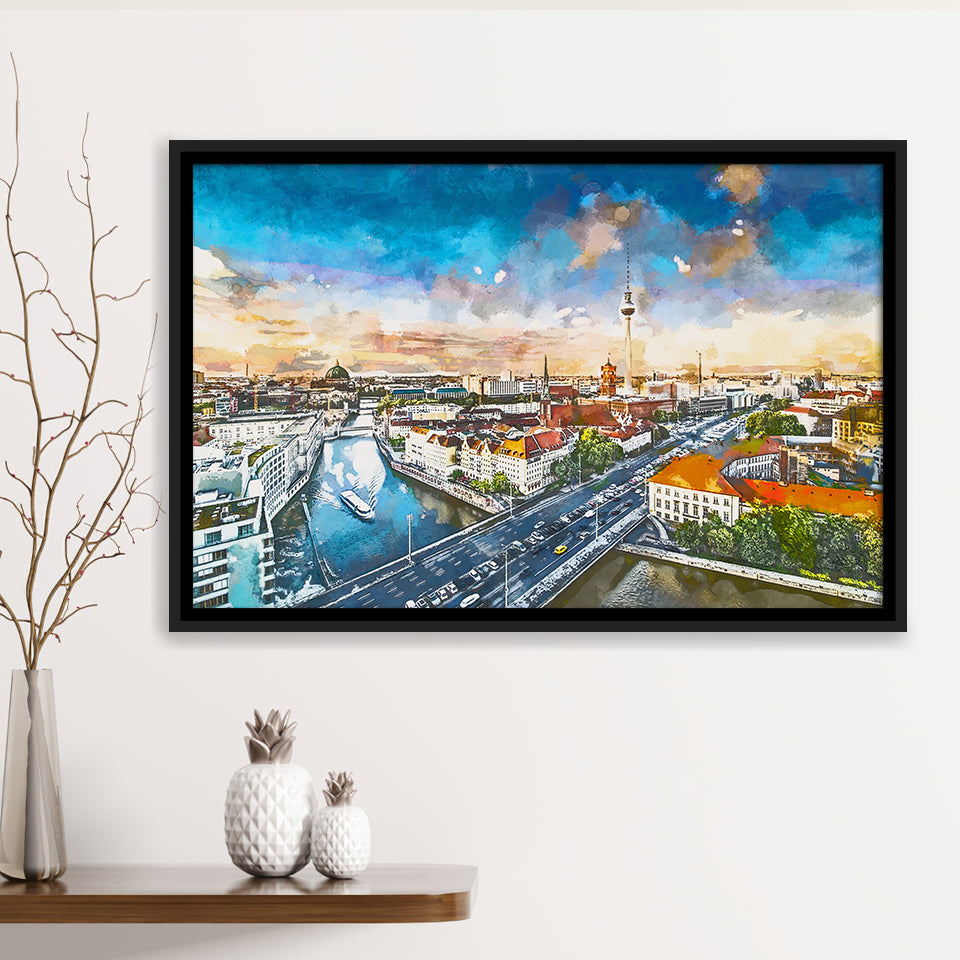 Berlin Germany Viewed Above Spree River City Art Watercolor Framed Canvas Prints Wall Art Home Decor,Floating Frame