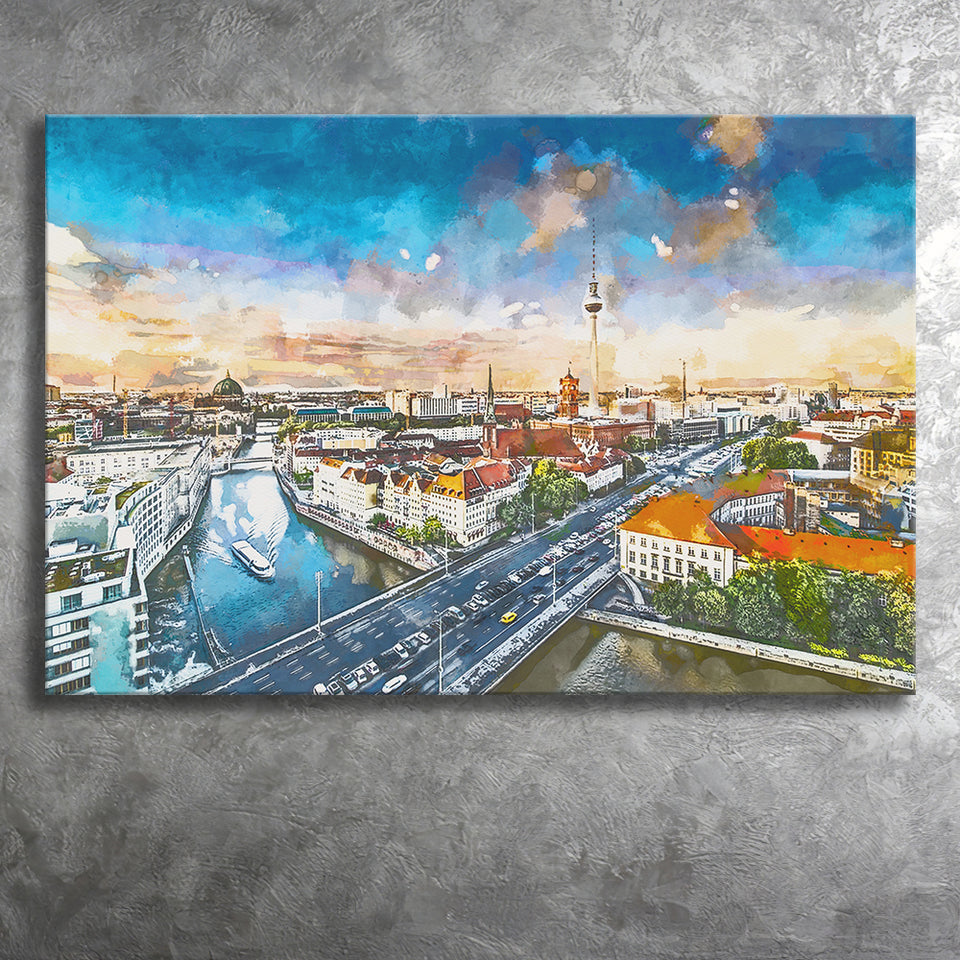 Berlin Germany Viewed Above Spree River City Art Watercolor Canvas Prints Wall Art Home Decor, Large Canvas