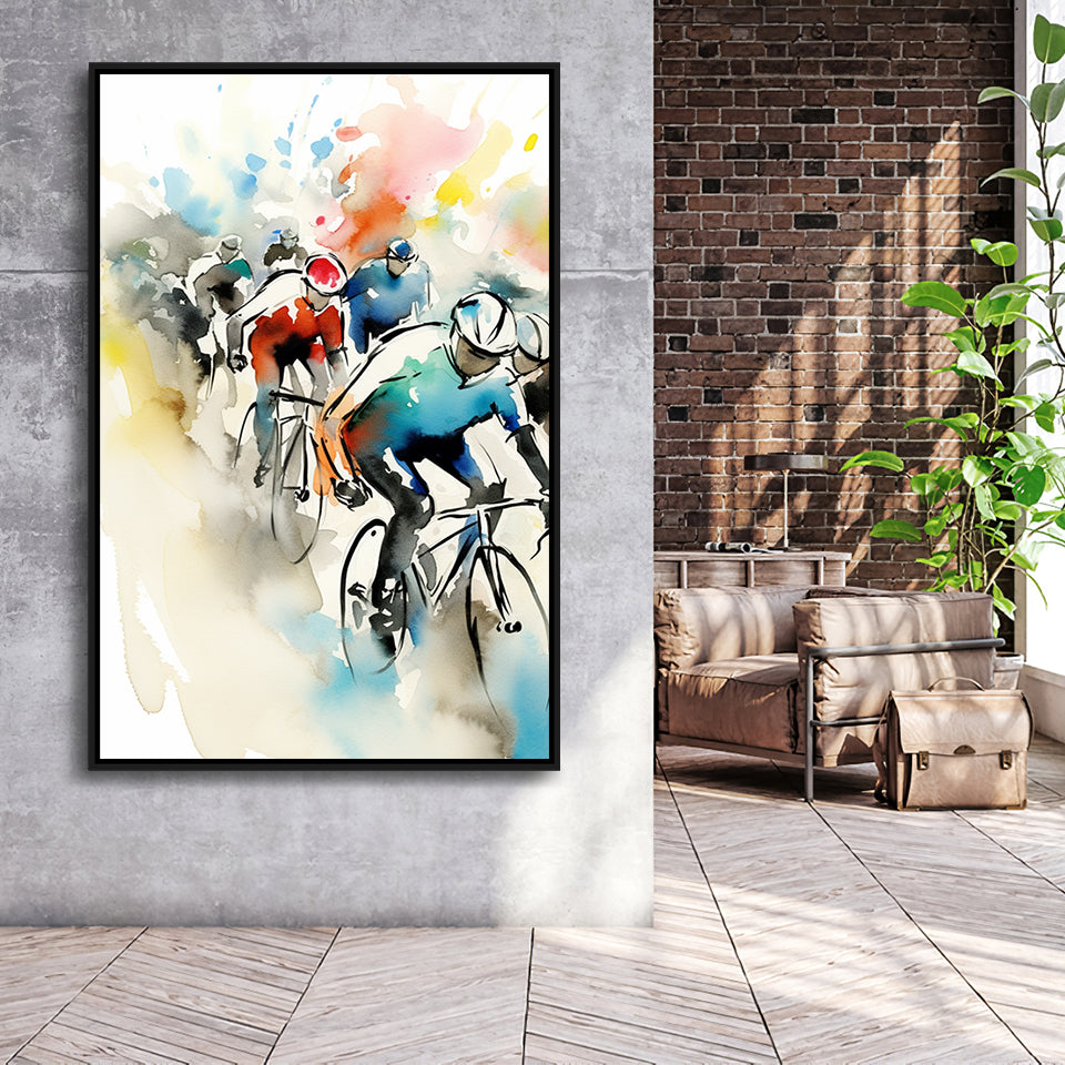 Bicycle Racer On The Race Ink Painting Watercolor, Bike Racing Lover,Framed Canvas Prints,Floating Frame, Wall Art