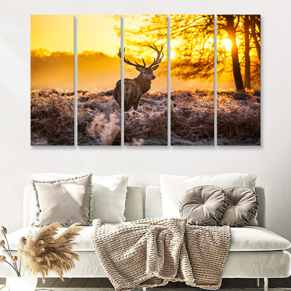 Big Buck Sunset 5 Piece Canvas Prints Wall Art - Painting Prints, Wall Decor,Multi Panels